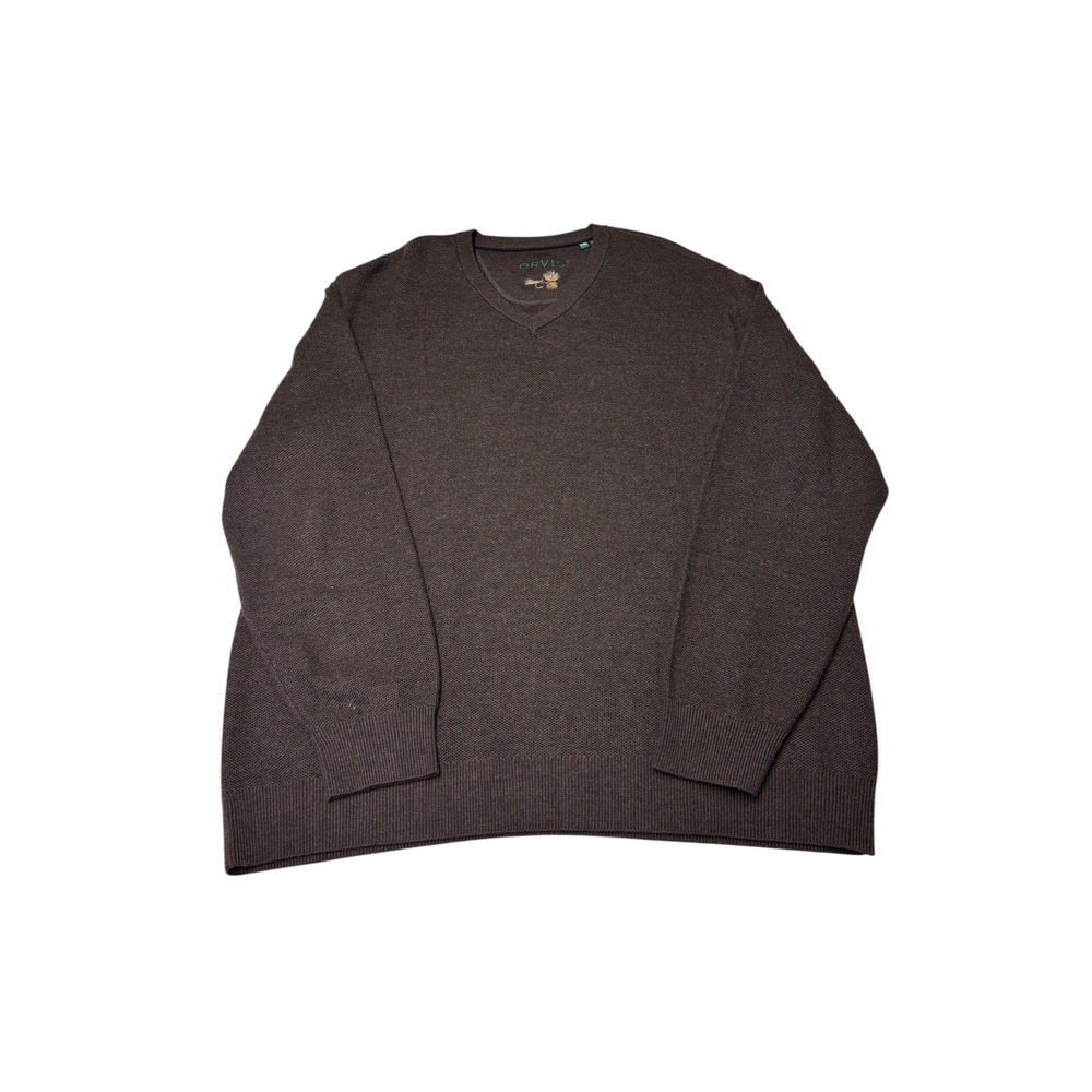 Orvis Mens XXL Brown 100% Merino Wool‎ V-Neck Textured Knit Sweater Fly Fishing